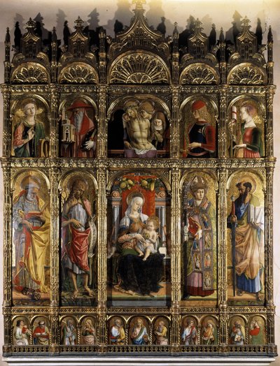 Poliptyk przedstawiający Pietę, a gorsza partia Madonna z Dzieciątkiem autorstwa Carlo Crivelli