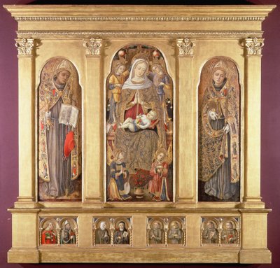 Dziewica z Dzieciątkiem ze świętymi Bonawenturą i Ludwikiem z Tuluzy, ok. 1489 (tempera ze złotymi i olejnymi glazurami na panelu) autorstwa Carlo Crivelli