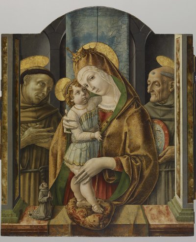 Dziewica z Dzieciątkiem ze Świętymi i Dawcą, ok. 1490 (tempera i złoty płatek na panelu) autorstwa Carlo Crivelli
