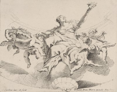 Moc, reprezentowana przez siedzącą na chmurach kobietę trzymającą koronę i otoczoną puttami,..., 1725-75. autorstwa Carlo Innocenzo Carloni
