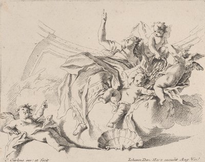 Bogactwo, reprezentowane przez kobietę siedzącą na chmurach i otoczoną puttami, z których jedną jest..., 1725-75. autorstwa Carlo Innocenzo Carloni