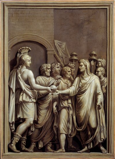 Starożytny Rzym: wojownik i mężczyzna w todze wymieniający kulę. Obraz Carlo Labruzzi (1748-1818) na podstawie płaskorzeźby rzymskiej. Brześć. Muzeum Sztuk Pięknych autorstwa Carlo Labruzzi