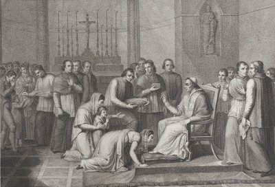 Kobieta klęka, by ucałować stopę papieża Piusa VII, z tłumem za nią po lewej, 1814-50 autorstwa Carlo Lasinio