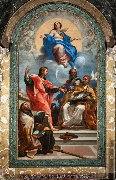 Niepokalane Poczęcie i św. Jan Ewangelista, św. Grzegorz Wielki, św. Jan Chryzostom i św. Augustyn (olej na płótnie autorstwa Carlo Maratta or Maratti