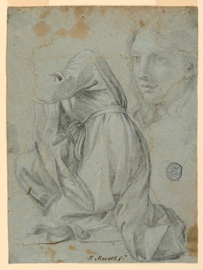 Rysunek, Studia: Szata klęczącej kobiety. Głowa młodej kobiety, 1650-1675 autorstwa Carlo Maratti