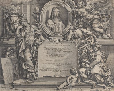 Frontyspis z owalnym portretem Rafaela, z trzema alegorycznymi postaciami Sztuki sup..., 1675. autorstwa Carlo Maratti