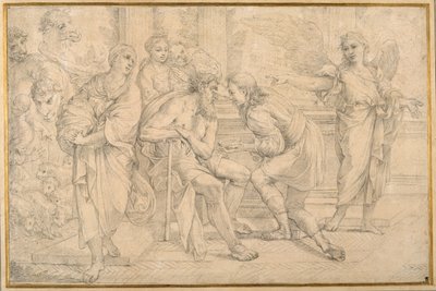 Tobiasz uzdrawiający ślepotę Tobiasza żółcią ryby (czarna kreda na papierze) autorstwa Carlo Maratti