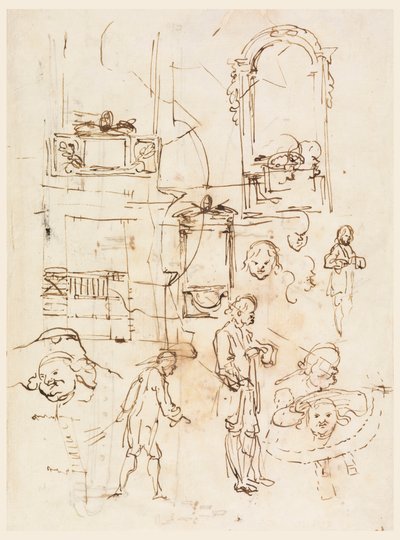 Rysunek, szkice architektoniczne i figuralne, ok. 1760 r. autorstwa Carlo Marchionni