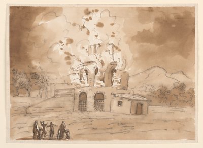 Rysunek, Pejzaż z płonącą wieżą, ok. 1780 r. autorstwa Carlo Marchionni