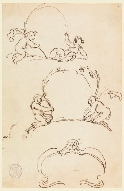 Rysunek, Trzy szkice kartuszy, przed 1775 r. autorstwa Carlo Marchionni