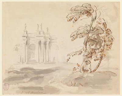 Rysunek, Drzewo w krajobrazie z budynkiem, 1756-78 autorstwa Carlo Marchionni