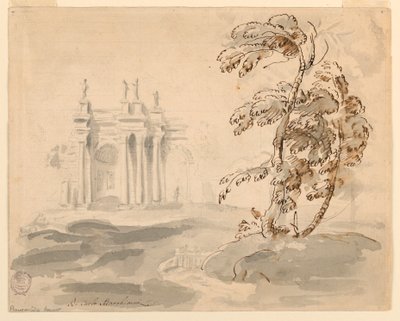 Rysunek, Drzewo w krajobrazie z budynkiem, 1756-78 autorstwa Carlo Marchionni
