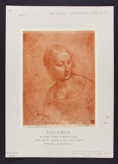 Studie eines weiblichen Büstenbildes, Zeichnung von Leonardo da Vinci (1452-1519) aus der Sammlung der R. Accademia di Belle Arti in Venedig; Tafel aus der Mappe: "Fac-simile dei disegni originali dei maestri classici esistenti nella R. Academia di Belle A autorstwa Carlo Naya
