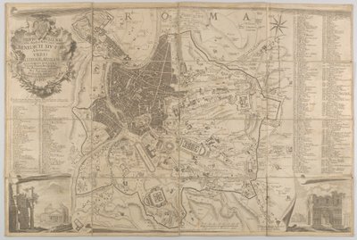 Plan starożytnego Rzymu z widokiem na Panteon na dole po lewej i łuk triumfalny na dole..., 1748 autorstwa Carlo Nolli