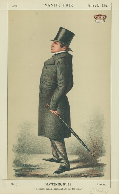 Lord Stanley, rozmawia z jedną stroną i działa z drugą, 26 czerwca 1869, komiks Vanity Fair autorstwa Carlo Pellegrini