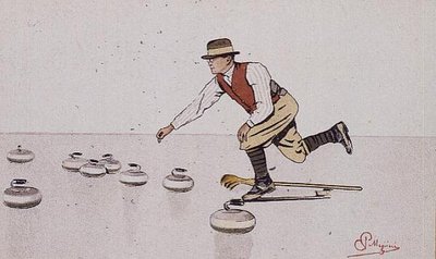 Mężczyzna rzucający kamień w grze w curling (kolor lito) autorstwa Carlo Pellegrini