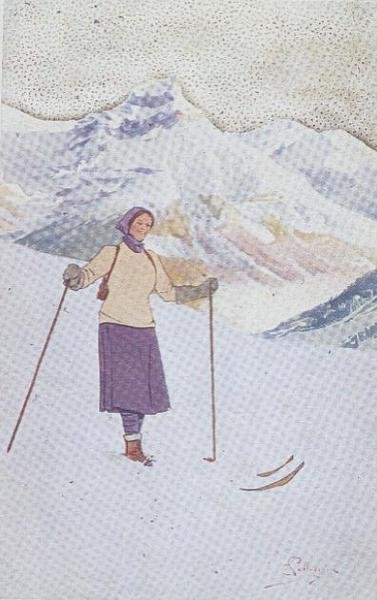 Narciarz na stoku w Engelbergu, Szwajcaria (litografia kolorowa) autorstwa Carlo Pellegrini