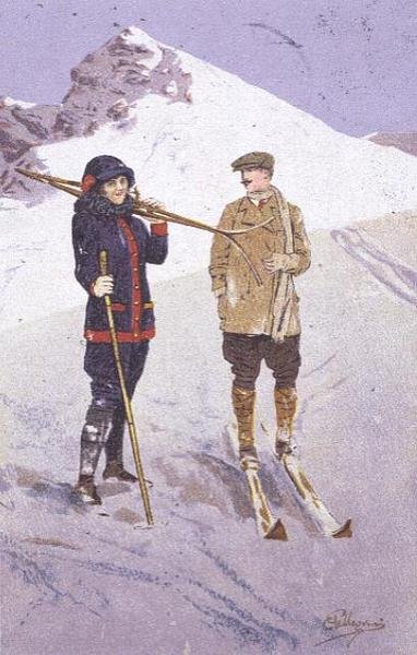 Narciarze w Adelboden (kolor lito) autorstwa Carlo Pellegrini