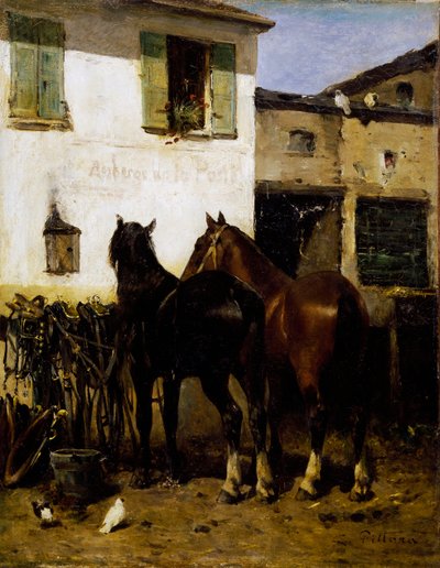 Post-konie, obraz Carlo Pittara (1836-1891), olej na płótnie, 41x32 cm, Włochy autorstwa Carlo Pittara