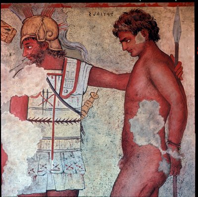 Cywilizacja etruska: „”przedstawienie ofiary jeńców trojańskich w hołdzie Patroclusowi”””reprodukcja przez Carlo Ruspi (1786-1863) fresków z IV wieku pne z Grobowca Francois Vulci. Florencja, Muzeum Archeologiczne autorstwa Carlo Ruspi