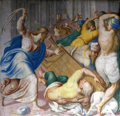 Jezus Chrystus wypędza kupców z bram Świątyni. Fresk autorstwa Carlo Urbino. Mediolan, S. Maria della Passione. autorstwa Carlo Urbino