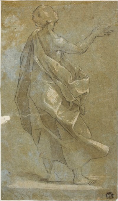 Stojąca, udrapowana figura mężczyzny z uniesionym prawym ramieniem autorstwa Carlo Urbino