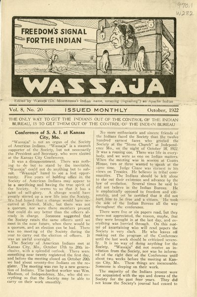 Wydanie Wassaja, tom. 8, nr 20, październik 1922 autorstwa Carlos Montezuma