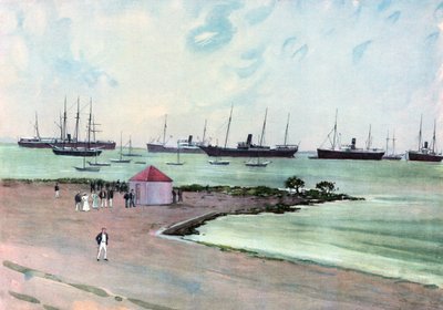 Zdobyte hiszpańskie statki na kotwicy w Man-of-War Harbor, Key West.--Widok z Esplanade w pobliżu koszar armii Stanów Zjednoczonych autorstwa Carlton Theodore Chapman