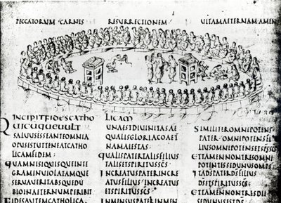 Ilustracja przedstawiająca scenę z jednego z Psalmów, z Psałterza Utrechckiego, kopia oryginału z Reims obecnie w Bibliotece Uniwersyteckiej w Utrechcie (pióro i atrament) autorstwa Carolingian School