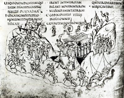 Różne sceny ilustrujące psalm z Psałterza Utrechckiego, kopia oryginału z Reims obecnie w Bibliotece Uniwersyteckiej w Utrechcie (pióro i atrament) autorstwa Carolingian School