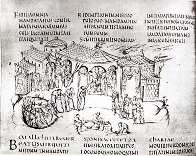 Różne sceny ilustrujące psalm z Psałterza Utrechckiego, kopia oryginału z Reims obecnie w Bibliotece Uniwersyteckiej w Utrechcie (pióro i atrament) autorstwa Carolingian School