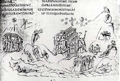 Różne sceny ilustrujące jeden z psalmów, z psałterza utrechckiego, kopia oryginału z Reims obecnie w Bibliotece Uniwersyteckiej w Utrechcie (pióro i atrament) autorstwa Carolingian School