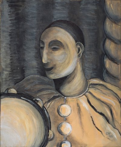 Klaun z tamburynem, 1995 (akryl na papierze) autorstwa Carolyn Hubbard Ford