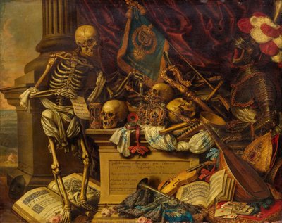 Martwa natura Vanitas z instrumentami muzycznymi, książkami, nutami, szkieletem, czaszką i zbroją, XVII w autorstwa Carstian Luyckx