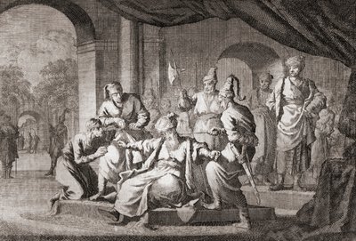 Szlachetny uduszony jedwabnym sznurem. Imperium Osmańskie (druk) autorstwa Caspar (after) Luyken