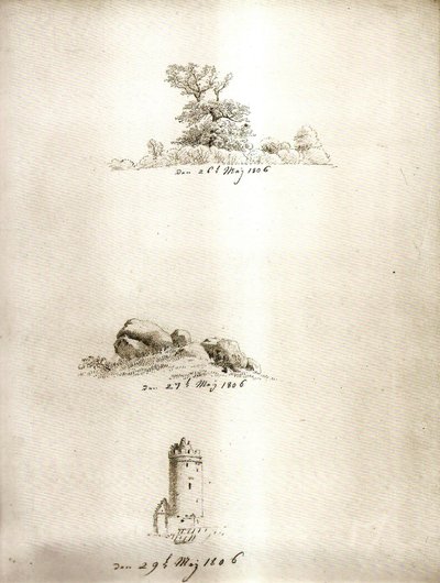 Drzewo, kurhan i wieża autorstwa Caspar David Friedrich
