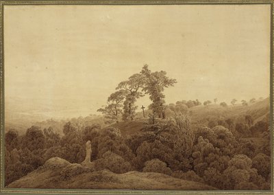 Krajobraz nadmorski z krzyżem i posągiem autorstwa Caspar David Friedrich