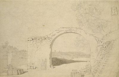Pejzaż rzeczny z łukiem (niedokończony) (ołówek, długopis i wc na papierze) autorstwa Caspar David Friedrich