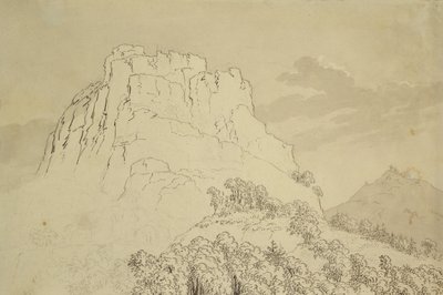 Skaliste wzgórze z zalesionym wzgórzem z przodu (ołówek, długopis i toaleta umyć na papierze) autorstwa Caspar David Friedrich