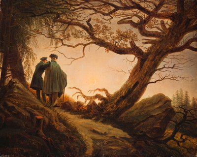 Dwóch ludzi w rozważaniach na temat księżyca; Zwei Manner w Betrachtung des Mondes, ok. 1830 r. autorstwa Caspar David Friedrich