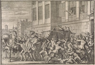 Atak w Madrycie na powóz hrabiego Olivares, Gaspard de Gusmán, 1643 autorstwa Caspar Luyken (attributed to)