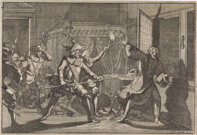 Albrecht von Wallenstein, książę Friedland, zostaje zamordowany przez własnych żołnierzy, 1634 autorstwa Caspar Luyken (attributed to)