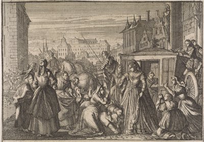 Kobiety klęczące przed królową Anną w Paryżu, błagające ją o obniżenie podatków, 1645 autorstwa Caspar Luyken (attributed to)