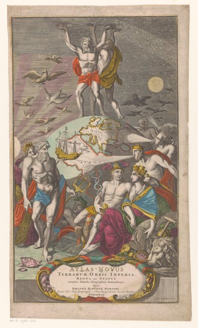 Atlas en Hercules dragen sternerhemel Titelpagina voor: Johann Baptista Homan, Nowy atlas światowych imperiów, królestw i stanów z dokładnymi tablicami geograficznymi, 1710 autorstwa Caspar Luyken