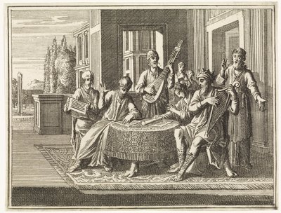 David siedzi przy stole i gra na harfie autorstwa Caspar Luyken
