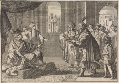 Guei-tschun, premier za cesarza Chongzhena, przynosi jedwabny sznur do powieszenia się, 1643 autorstwa Caspar Luyken