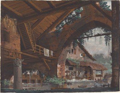 Fantazja architektoniczna antycznych ruin z młynem wodnym autorstwa Caspar Wolf