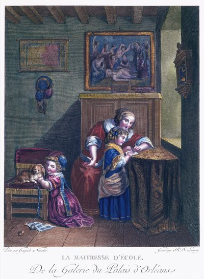 Mistrzyni szkoły, grawerowana przez R. Delaunay autorstwa Caspar after Netscher