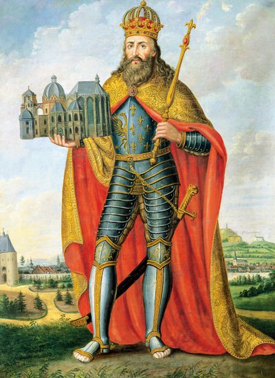 Portret Karola Wielkiego (742 - Akwizgran, 814), króla Franków i Longobardów oraz cesarza Świętego Cesarstwa Rzymskiego, stojący z modelem Kaplicy Palatyńskiej, obraz Scheuren autorstwa Casper Johann Nepomuk Scheuren