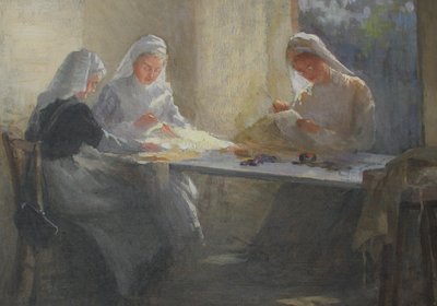 Magazyn zaopatrzenia szpitala Kensington War Hospital (Kensington Square), trzy pielęgniarki siedzące przy stole szyjące, ok. 1916 (olej na płótnie) autorstwa Catherine Ouless